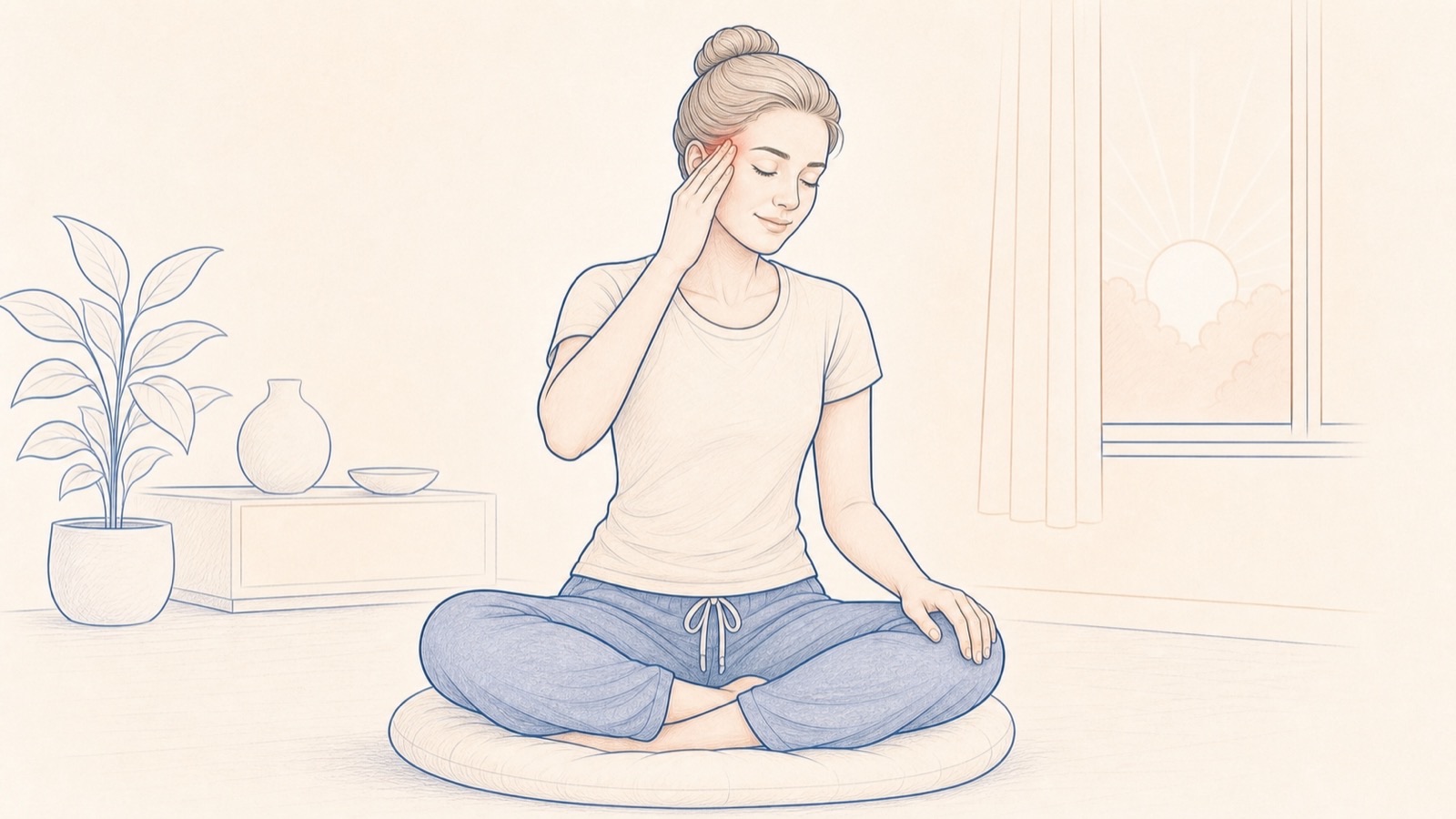Illustration: Person sitzt auf einem Kissen und führt eine ruhige Übung an der Schläfe aus