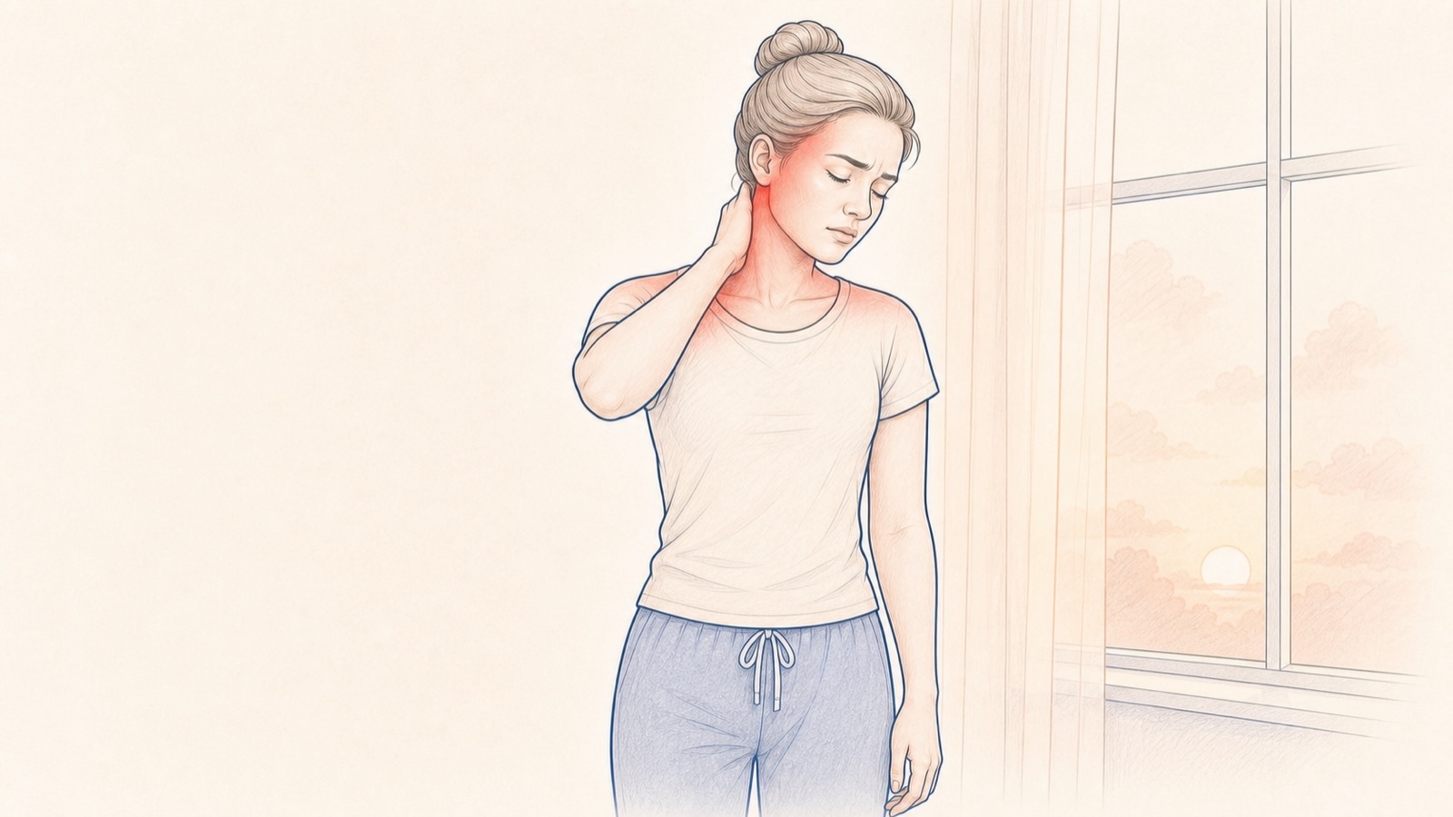 Illustration: Person greift sich nach einem langen Tag an Schläfe und Nacken